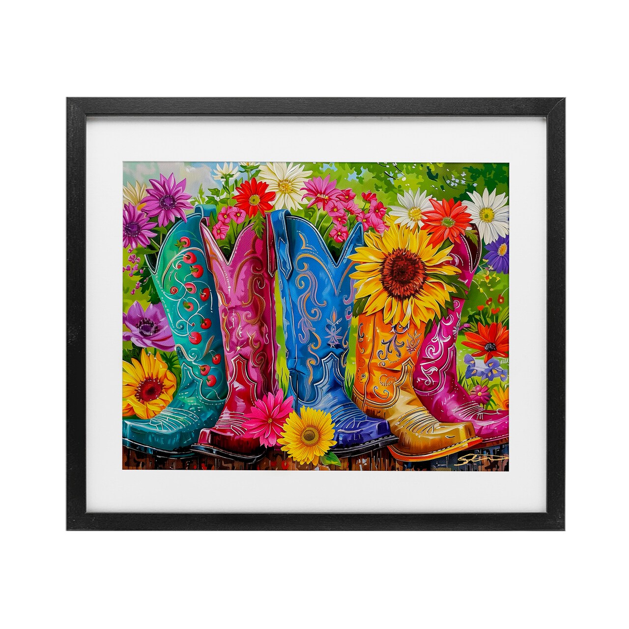 Stupell Industries Cowboy Boots and Sunflowers Framed Print Under Glass, design by Shawna Stewart